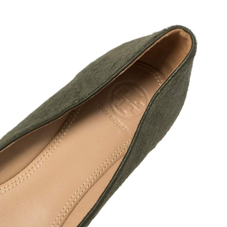 Pre Owned Tory Burch Green Calfhair and Leather Benton Ballet Flats Size 37