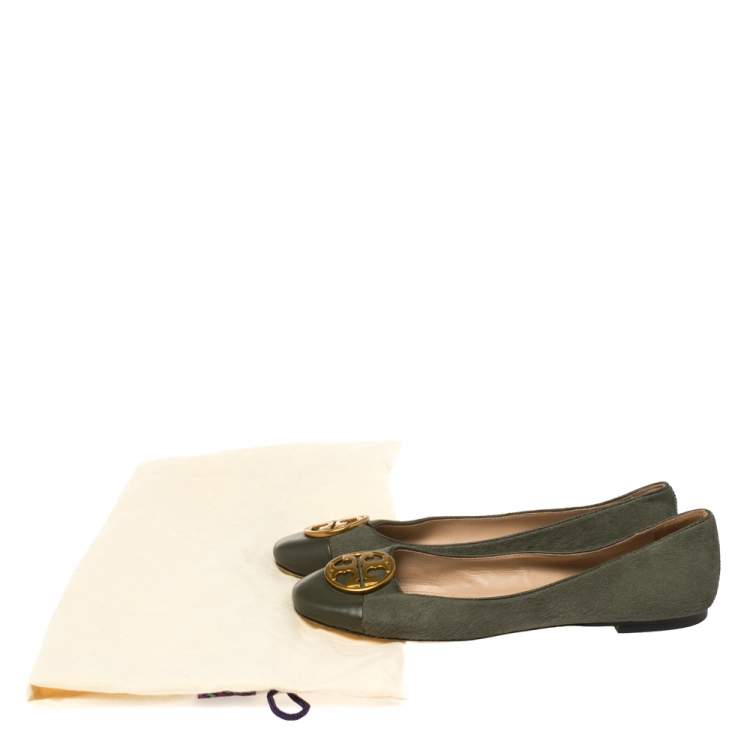 Pre Owned Tory Burch Green Calfhair and Leather Benton Ballet Flats Size 37