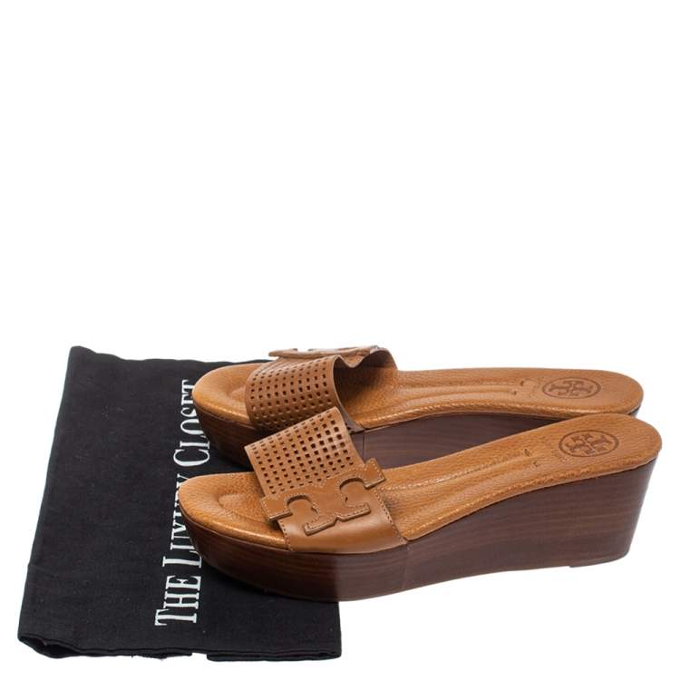 Pre Owned Tory Burch Brown Perforated Leather Wedge Slide Sandals Size 36.5