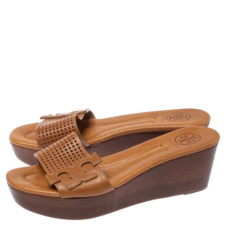 Pre Owned Tory Burch Brown Perforated Leather Wedge Slide Sandals Size 36.5