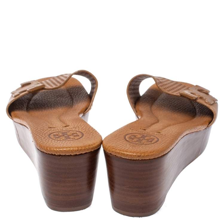 Pre Owned Tory Burch Brown Perforated Leather Wedge Slide Sandals Size 36.5