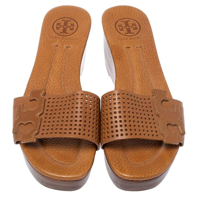 Pre Owned Tory Burch Brown Perforated Leather Wedge Slide Sandals Size 36.5