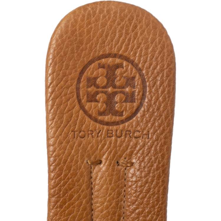 Pre Owned Tory Burch Brown Perforated Leather Wedge Slide Sandals Size 36.5