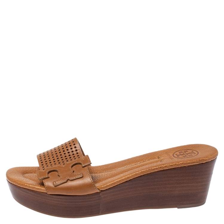 Pre Owned Tory Burch Brown Perforated Leather Wedge Slide Sandals Size 36.5