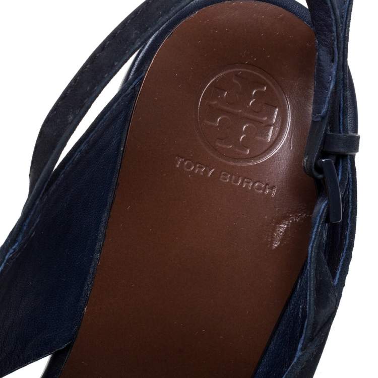 Pre Owned Tory Burch Navy Blue Suede Gabrielle Slingback Wedge Sandals Size 38.5