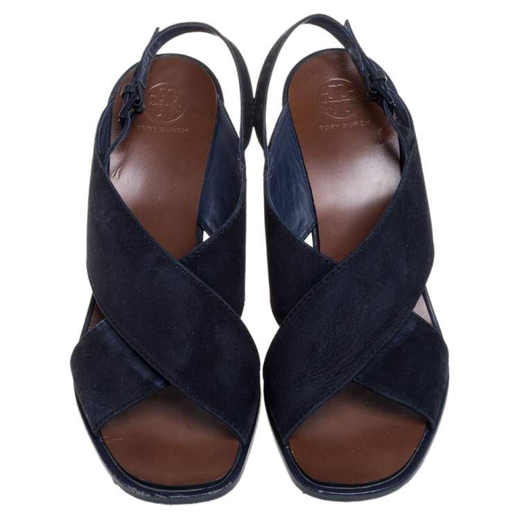Pre Owned Tory Burch Navy Blue Suede Gabrielle Slingback Wedge Sandals Size 38.5