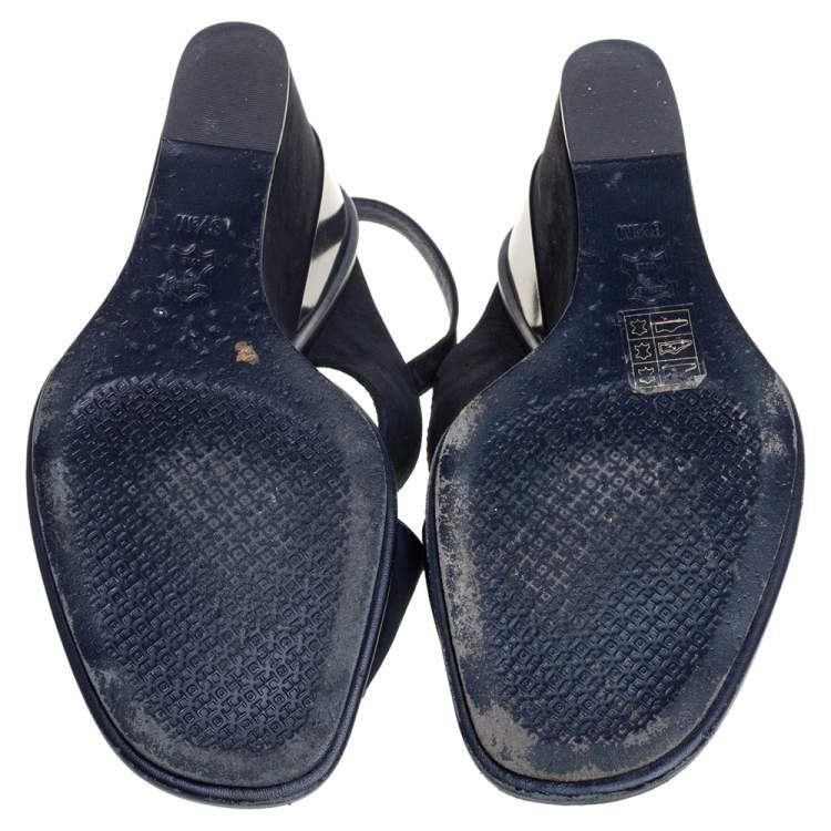Pre Owned Tory Burch Navy Blue Suede Gabrielle Slingback Wedge Sandals Size 38.5