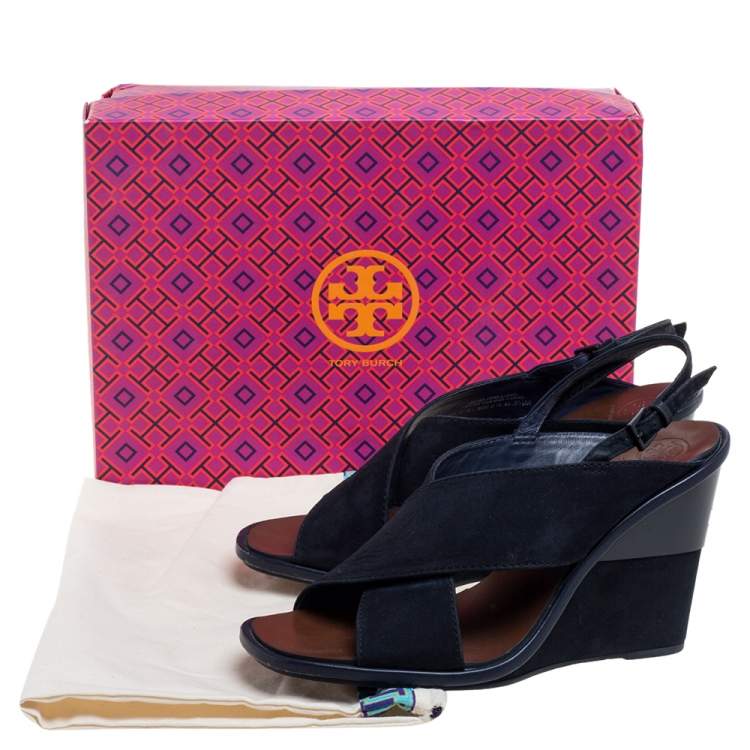 Pre Owned Tory Burch Navy Blue Suede Gabrielle Slingback Wedge Sandals Size 38.5
