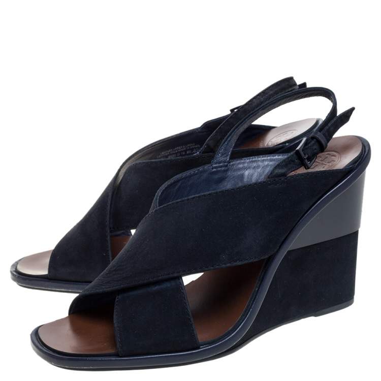 Pre Owned Tory Burch Navy Blue Suede Gabrielle Slingback Wedge Sandals Size 38.5