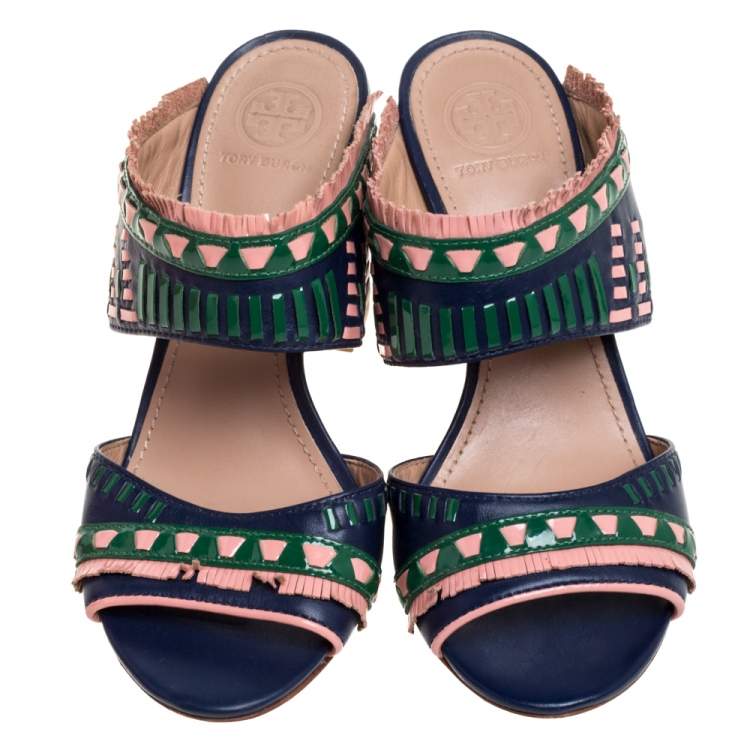 Pre Owned Tory Burch Blue Leather Topanga Mule Sandals Size 36