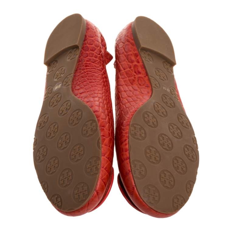 Pre Owned Tory Burch Orange Leather Croc Print Reva Flats Size 39.5