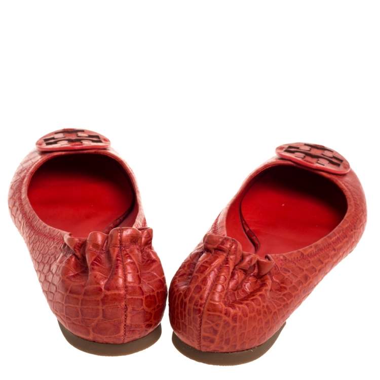 Pre Owned Tory Burch Orange Leather Croc Print Reva Flats Size 39.5