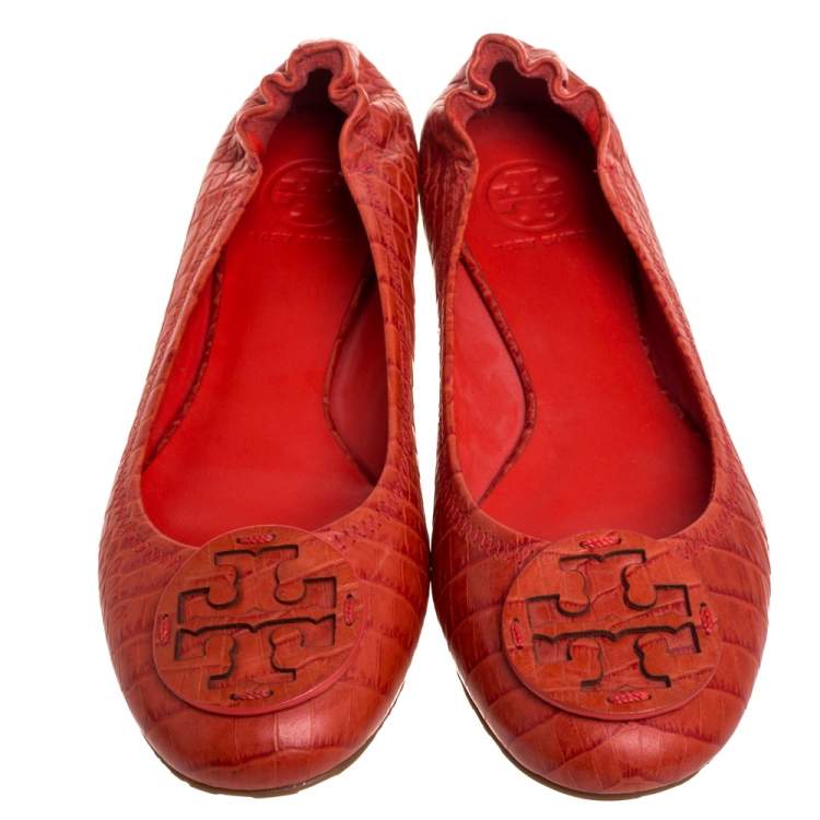 Pre Owned Tory Burch Orange Leather Croc Print Reva Flats Size 39.5