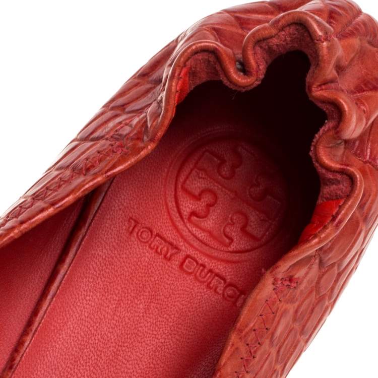 Pre Owned Tory Burch Orange Leather Croc Print Reva Flats Size 39.5