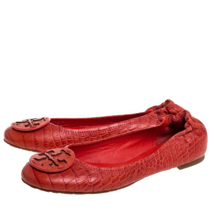 Pre Owned Tory Burch Orange Leather Croc Print Reva Flats Size 39.5