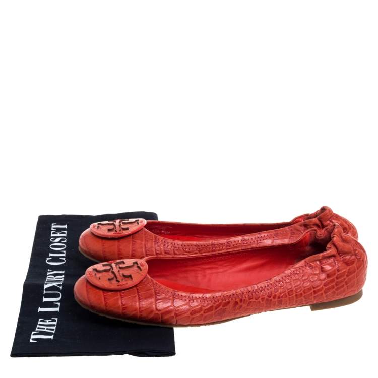 Pre Owned Tory Burch Orange Leather Croc Print Reva Flats Size 39.5