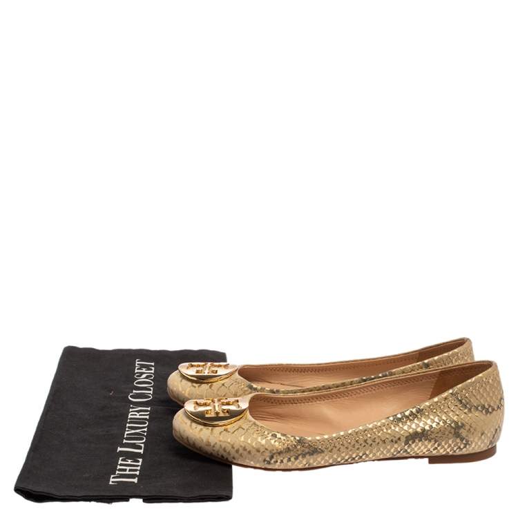 Pre Owned Tory Burch Gold/Beige Python Print Leather Reva Ballet Flats Size 37.5