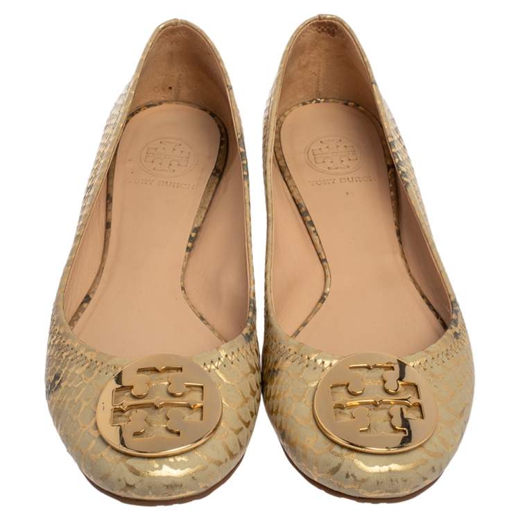 Pre Owned Tory Burch Gold/Beige Python Print Leather Reva Ballet Flats Size 37.5