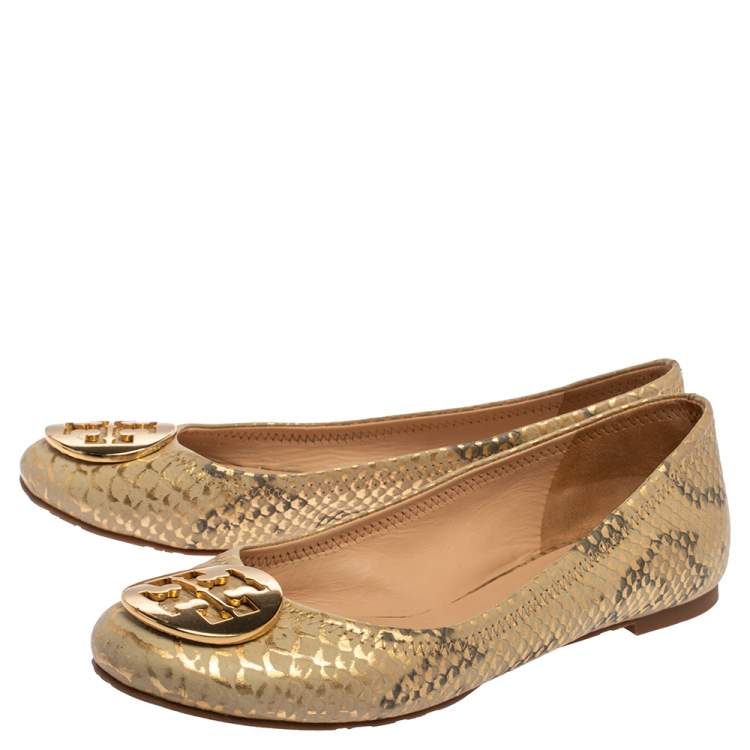 Pre Owned Tory Burch Gold/Beige Python Print Leather Reva Ballet Flats Size 37.5