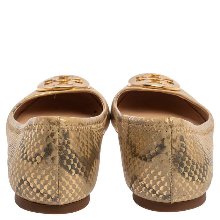 Pre Owned Tory Burch Gold/Beige Python Print Leather Reva Ballet Flats Size 37.5