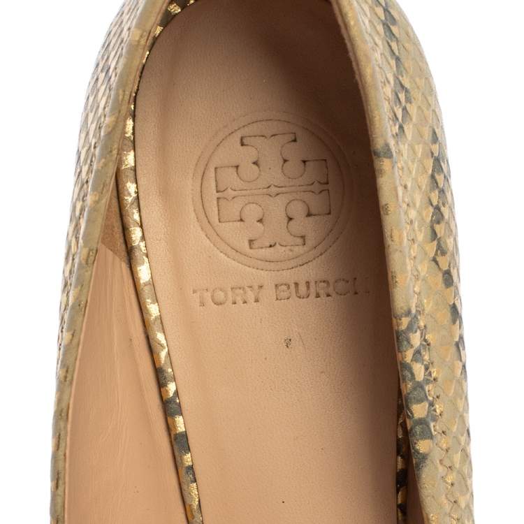Pre Owned Tory Burch Gold/Beige Python Print Leather Reva Ballet Flats Size 37.5