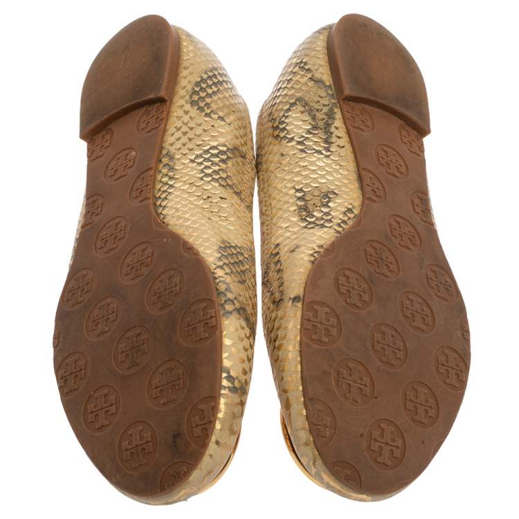 Pre Owned Tory Burch Gold/Beige Python Print Leather Reva Ballet Flats Size 37.5
