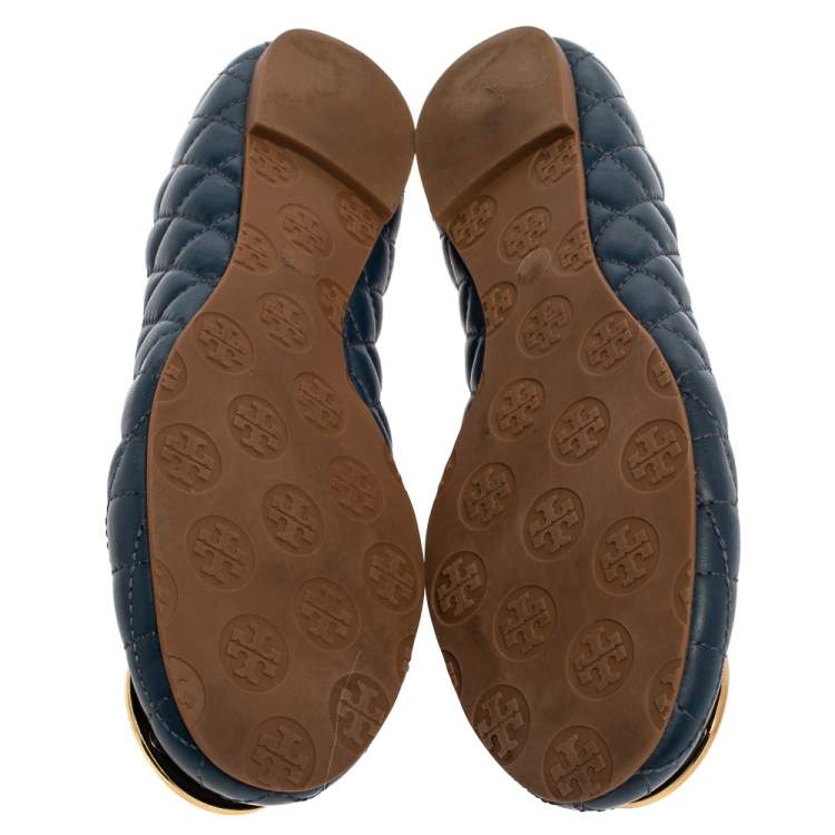 Pre Owned Tory Burch Blue Quilted Leather Quinn Ballet Flats Size 39 