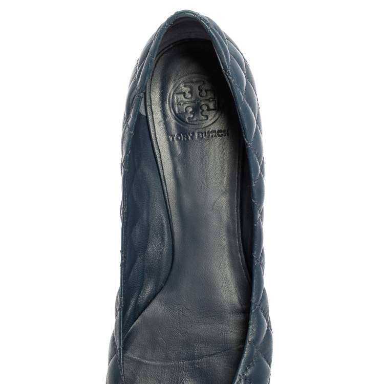 Pre Owned Tory Burch Blue Quilted Leather Quinn Ballet Flats Size 39 