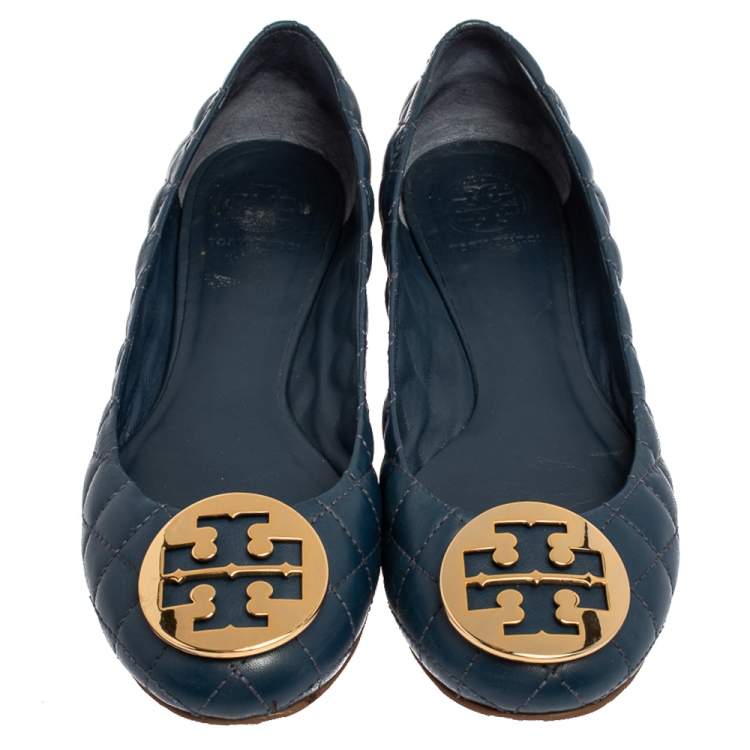 Pre Owned Tory Burch Blue Quilted Leather Quinn Ballet Flats Size 39 