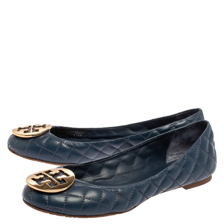 Pre Owned Tory Burch Blue Quilted Leather Quinn Ballet Flats Size 39 