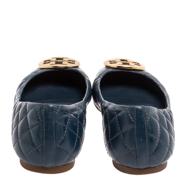Pre Owned Tory Burch Blue Quilted Leather Quinn Ballet Flats Size 39 