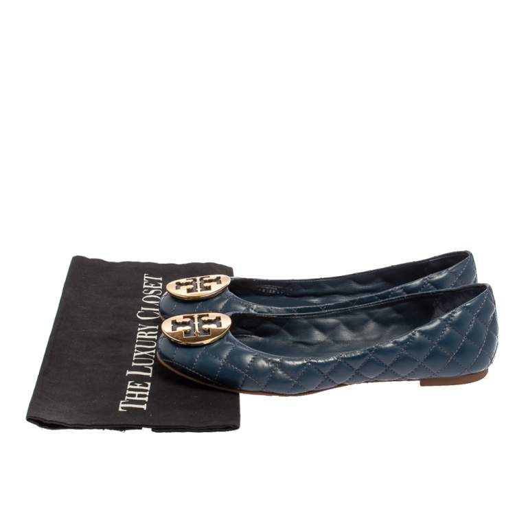 Pre Owned Tory Burch Blue Quilted Leather Quinn Ballet Flats Size 39 