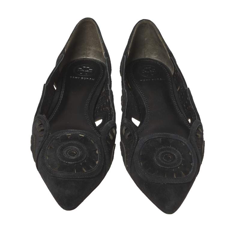 Pre Owned Tory Burch Black Suede Leyla Laser Cut Pointed Toe Ballet Flats Size 37.5