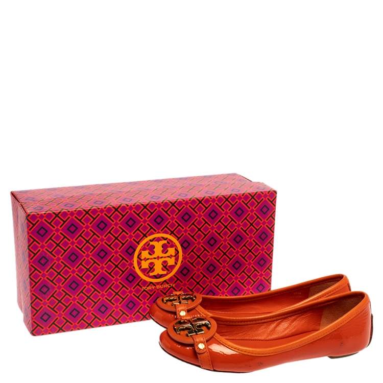 Pre Owned Tory Burch Orange Patent Leather Logo Ballet Flats Size 35