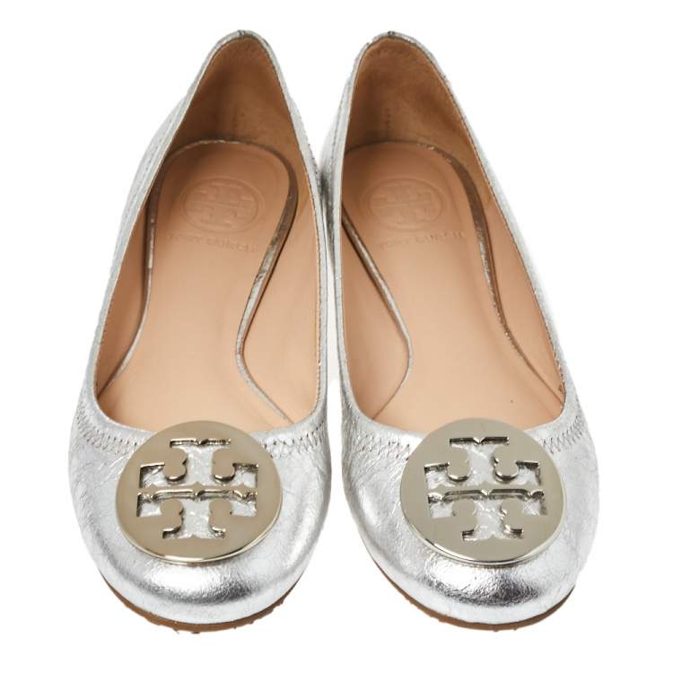 Pre Owned Tory Burch Silver Leather Reva Ballet Flats Size 35.5