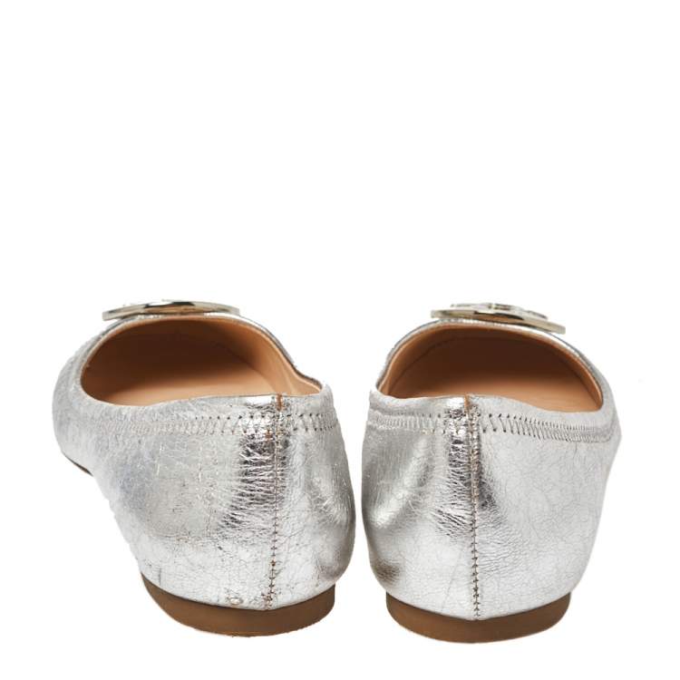 Pre Owned Tory Burch Silver Leather Reva Ballet Flats Size 35.5