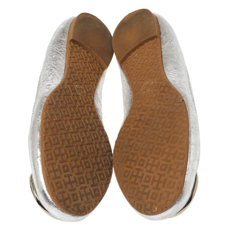 Pre Owned Tory Burch Silver Leather Reva Ballet Flats Size 35.5