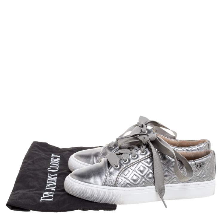 Pre Owned Tory Burch Metallic Grey Marion Quilted Leather Low Top Sneakers Size 35.5