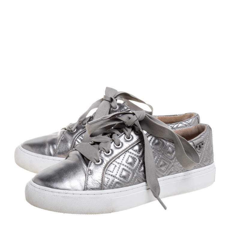 Pre Owned Tory Burch Metallic Grey Marion Quilted Leather Low Top Sneakers Size 35.5