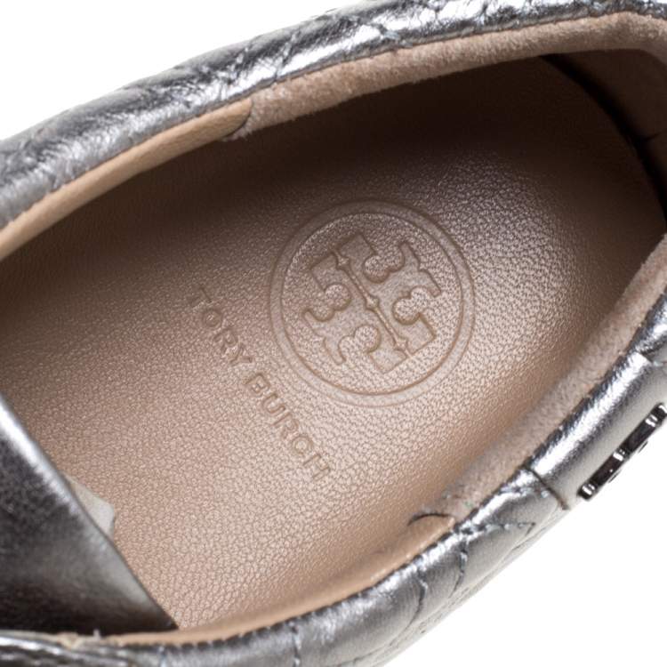 Pre Owned Tory Burch Metallic Grey Marion Quilted Leather Low Top Sneakers Size 35.5