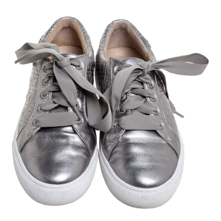 Pre Owned Tory Burch Metallic Grey Marion Quilted Leather Low Top Sneakers Size 35.5
