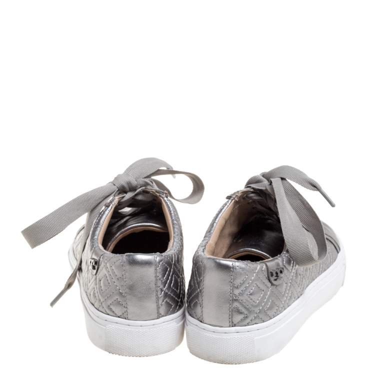 Pre Owned Tory Burch Metallic Grey Marion Quilted Leather Low Top Sneakers Size 35.5
