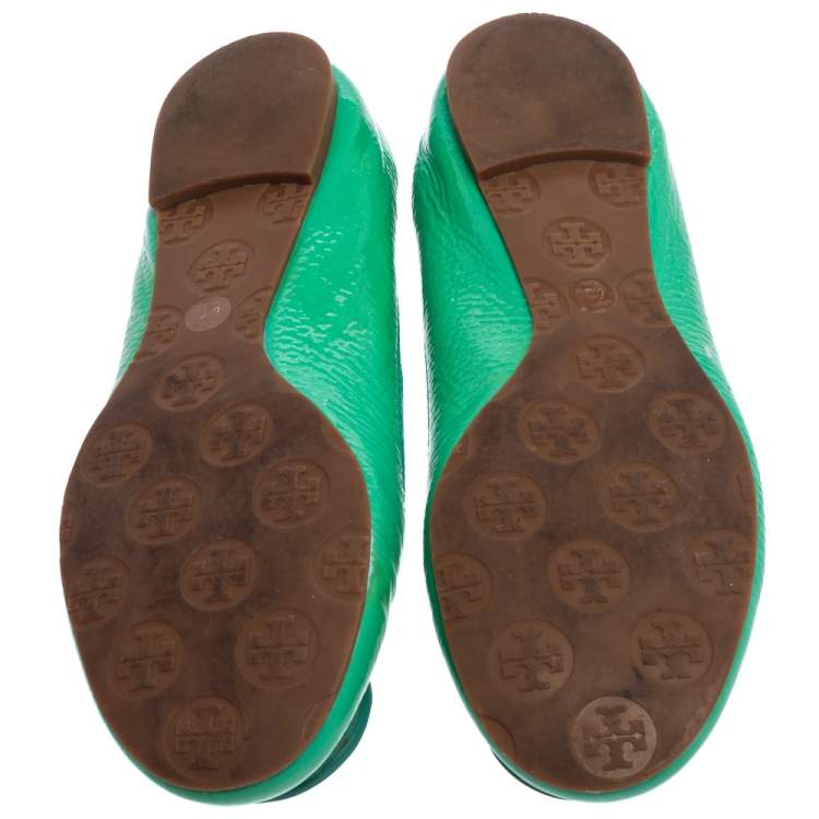 Pre Owned Tory Burch Green Patent Leather Reva Scrunch Ballet Flats Size 36