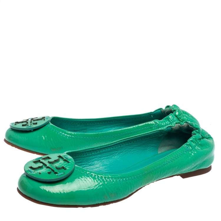 Pre Owned Tory Burch Green Patent Leather Reva Scrunch Ballet Flats Size 36