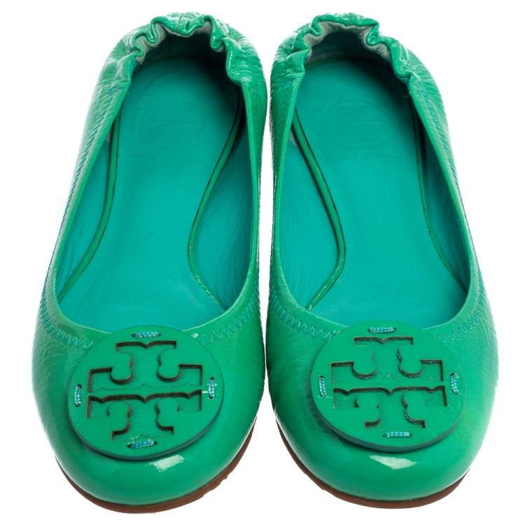 Pre Owned Tory Burch Green Patent Leather Reva Scrunch Ballet Flats Size 36