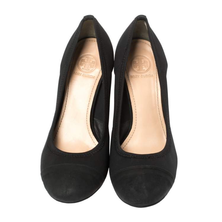 Pre Owned Tory Burch Black Suede Leather Cap Toe Wedge Heel Pumps Size 36.5