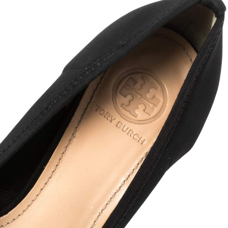 Pre Owned Tory Burch Black Suede Leather Cap Toe Wedge Heel Pumps Size 36.5