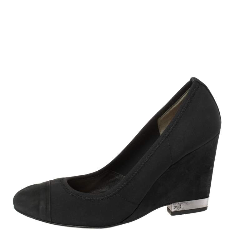 Pre Owned Tory Burch Black Suede Leather Cap Toe Wedge Heel Pumps Size 36.5