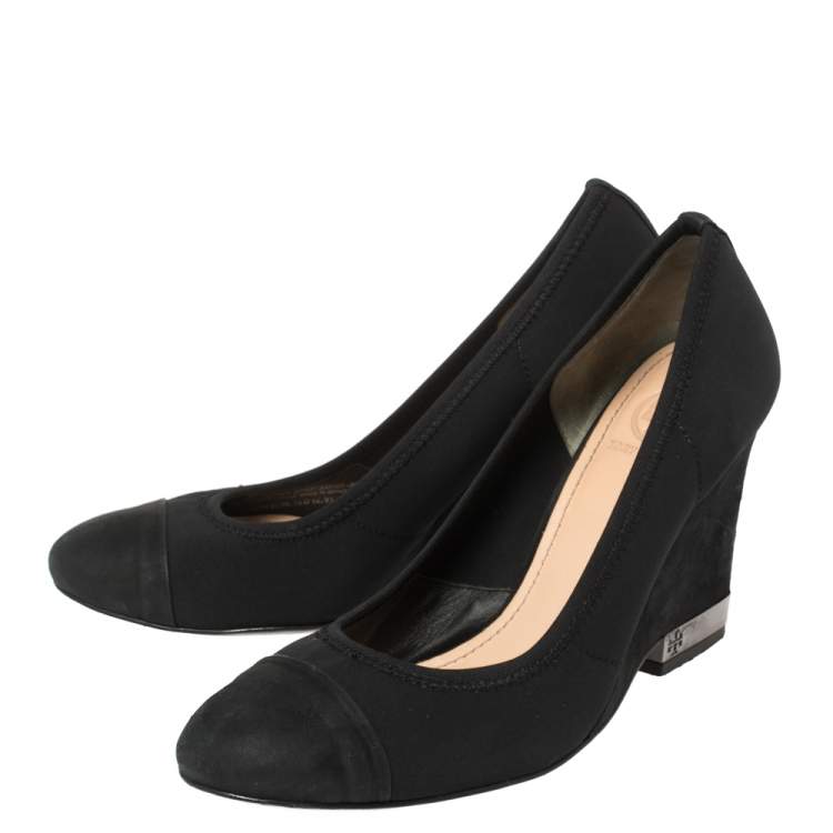 Pre Owned Tory Burch Black Suede Leather Cap Toe Wedge Heel Pumps Size 36.5