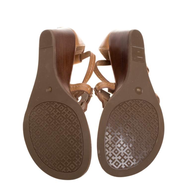 Pre Owned Tory Burch Brown Leather Phoebe Thong Ankle Strap Wedge Sandals Size 39.5